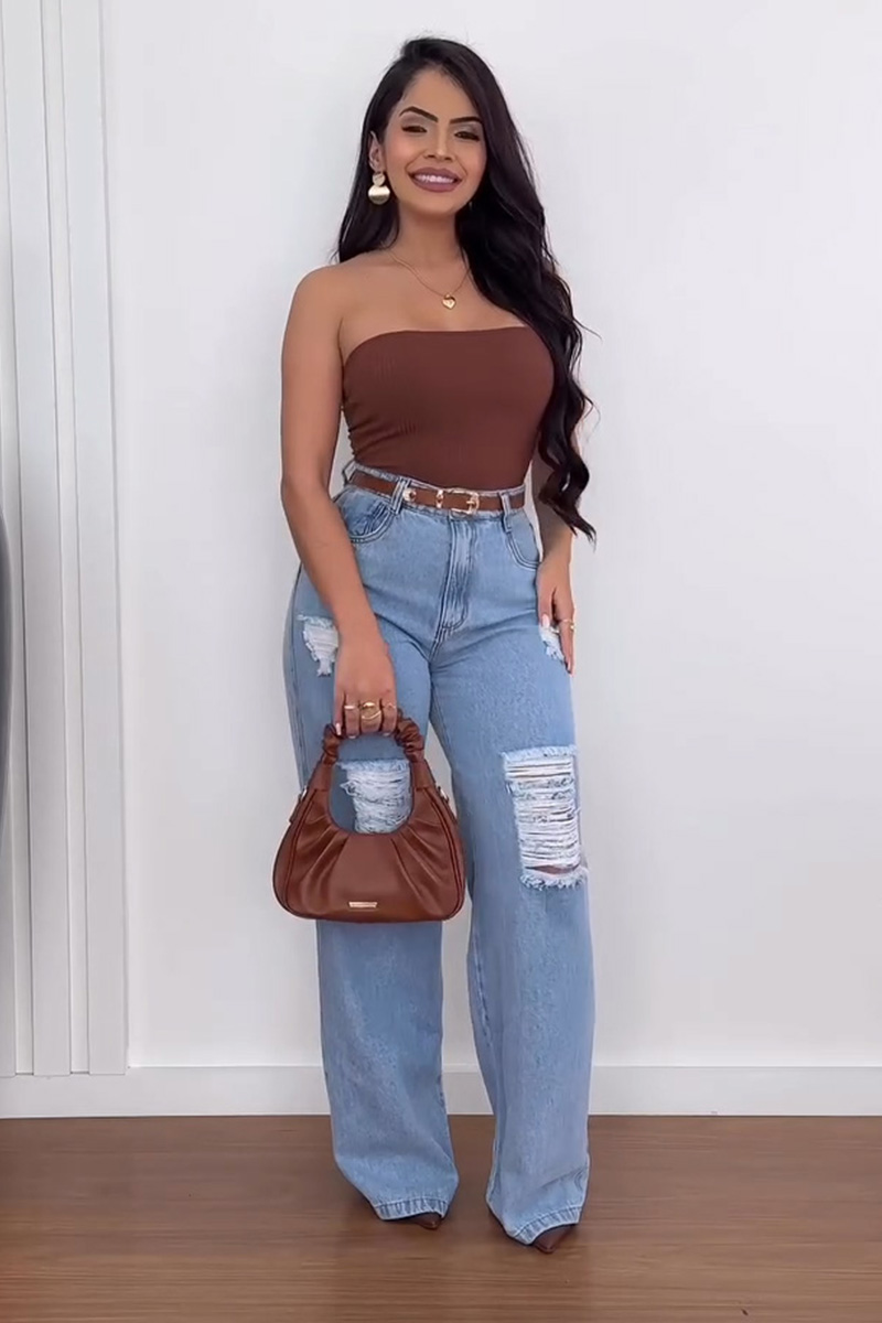 Women's Washed Ripped Casual Wide Leg Jeans