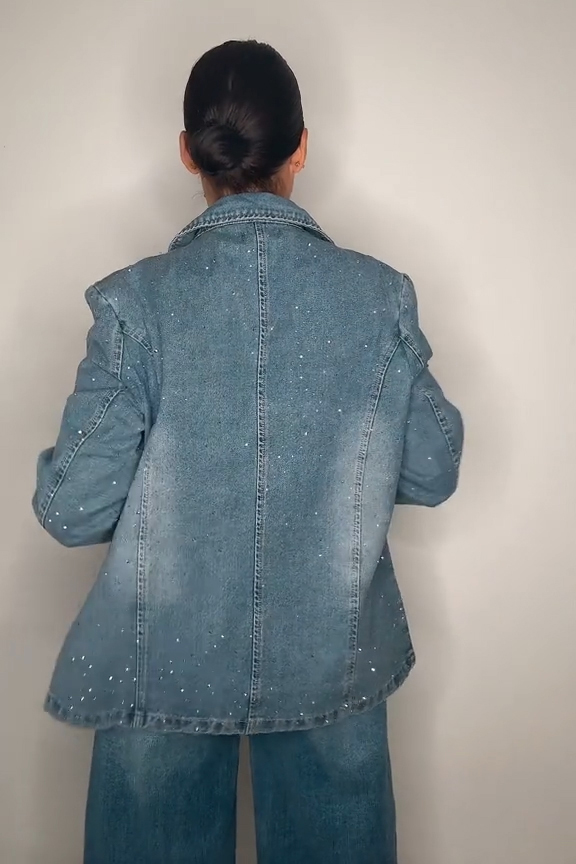 Women's Fashion Lapel Neck Sparkling Rhinestone Denim Blazer