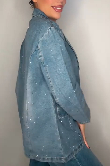 Women's Fashion Lapel Neck Sparkling Rhinestone Denim Blazer
