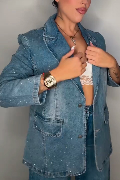 Women's Fashion Lapel Neck Sparkling Rhinestone Denim Blazer