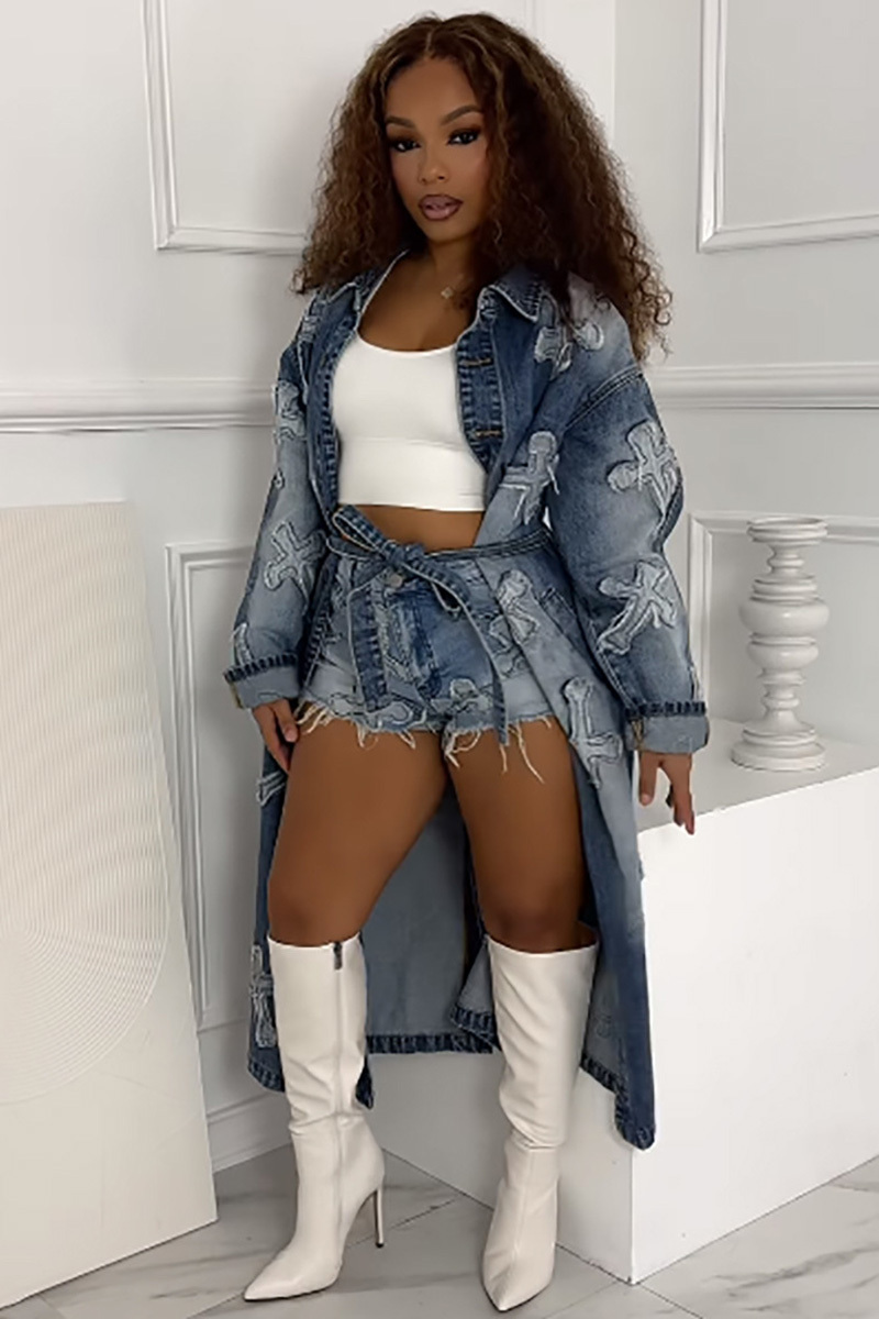 Women's Cross Embroidery Long Denim Coat