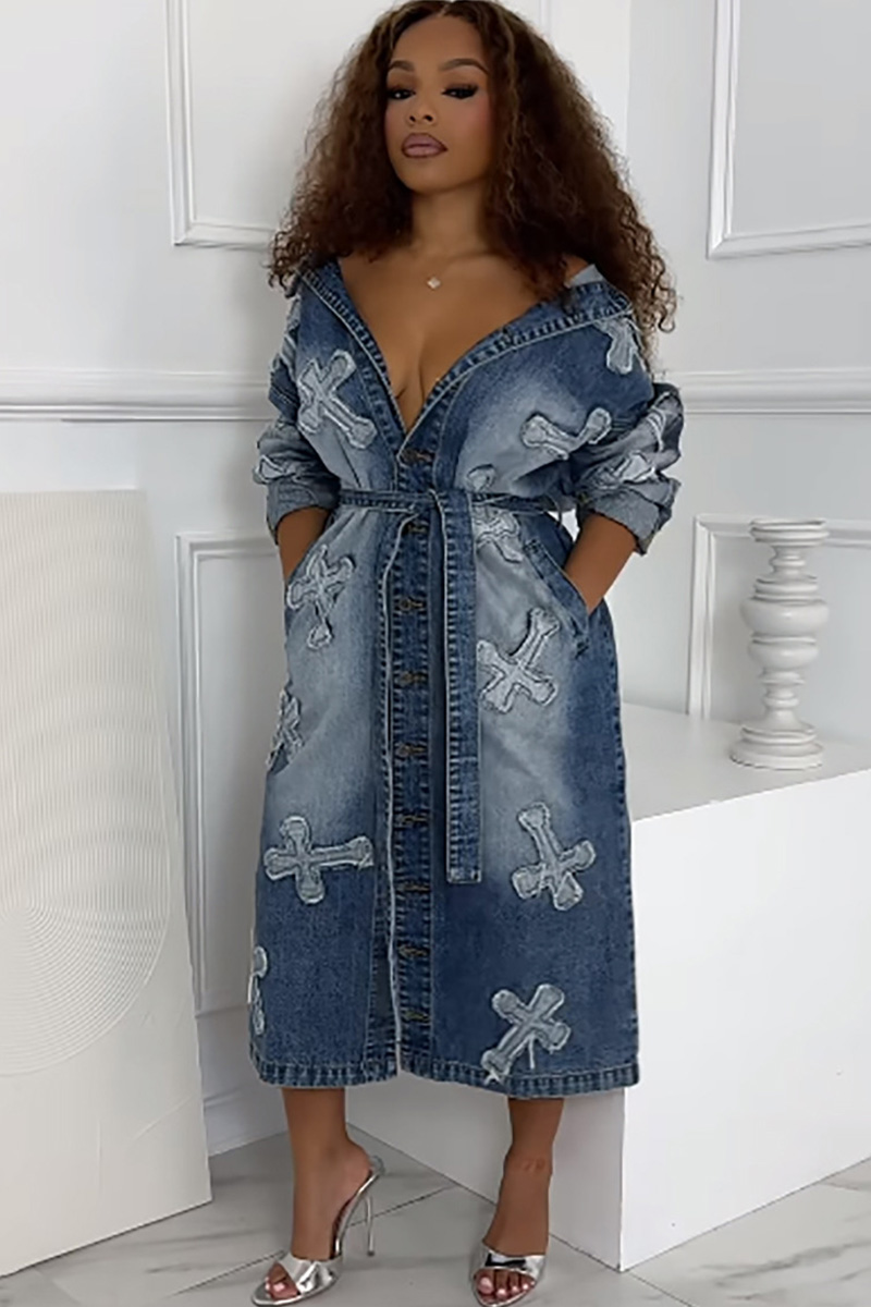 Women's Cross Embroidery Long Denim Coat