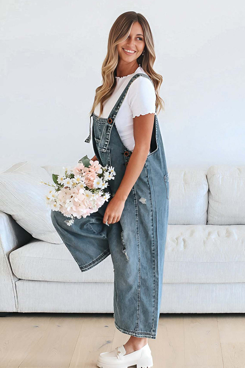 Women's Vintage Distressed Ripped Denim Overalls