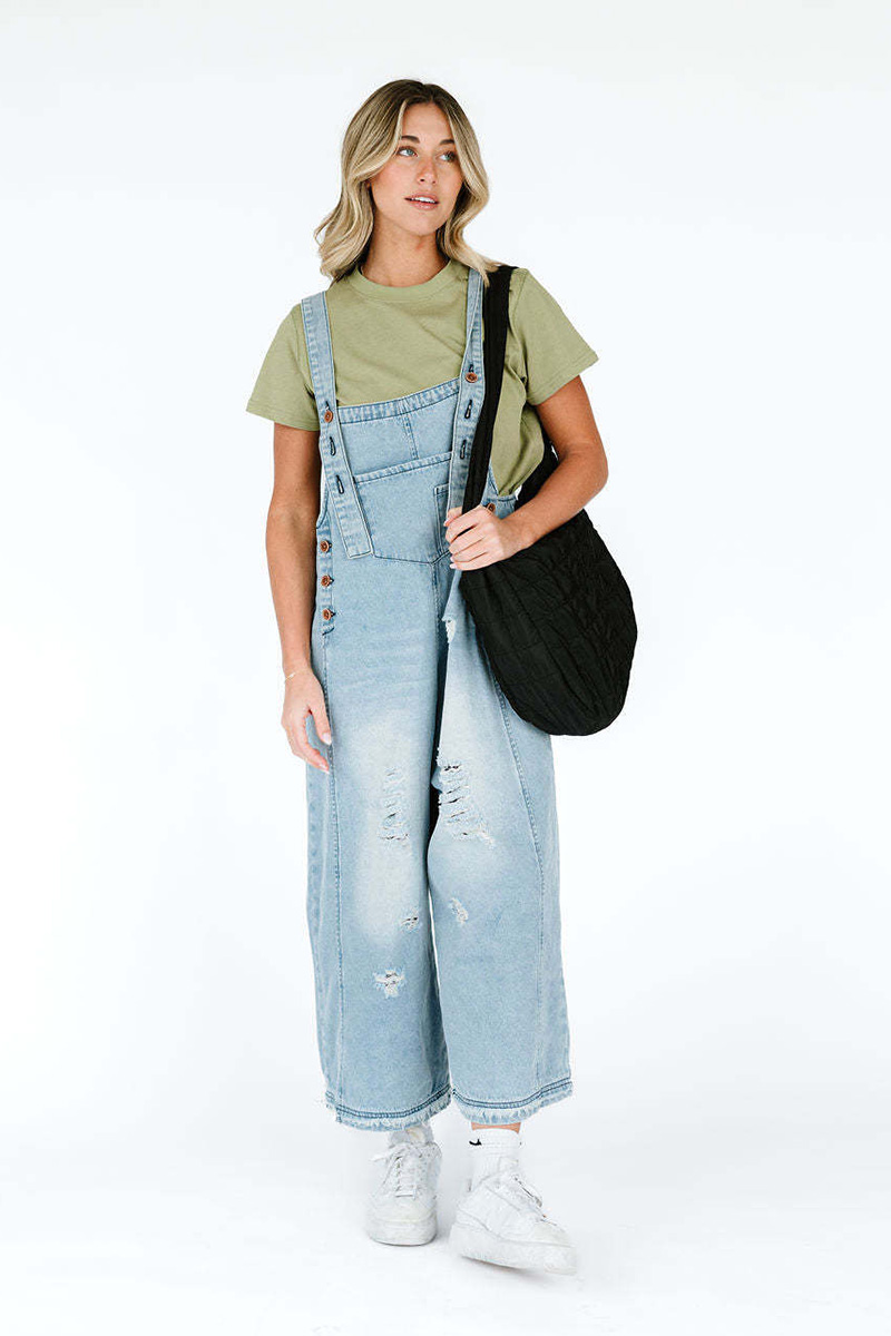 Women's Vintage Distressed Ripped Denim Overalls