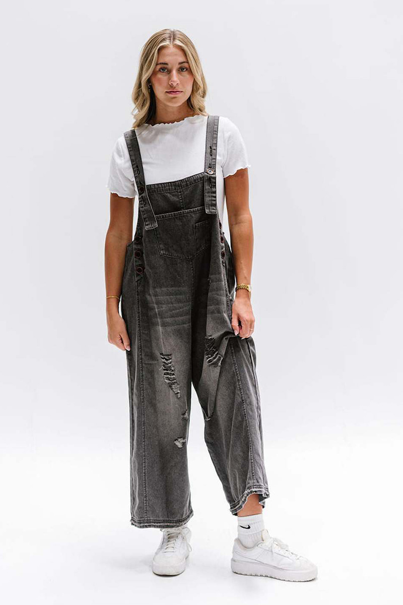 Women's Vintage Distressed Ripped Denim Overalls