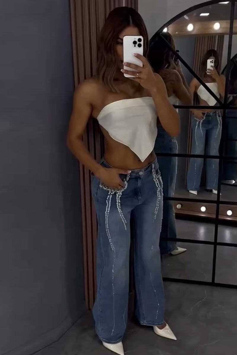 Women's Casual Beaded Wide Leg Jeans