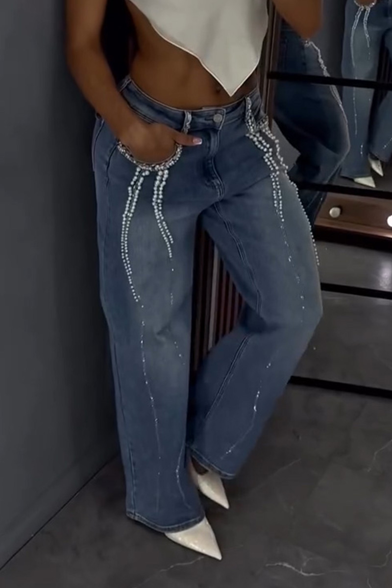 Women's Casual Beaded Wide Leg Jeans