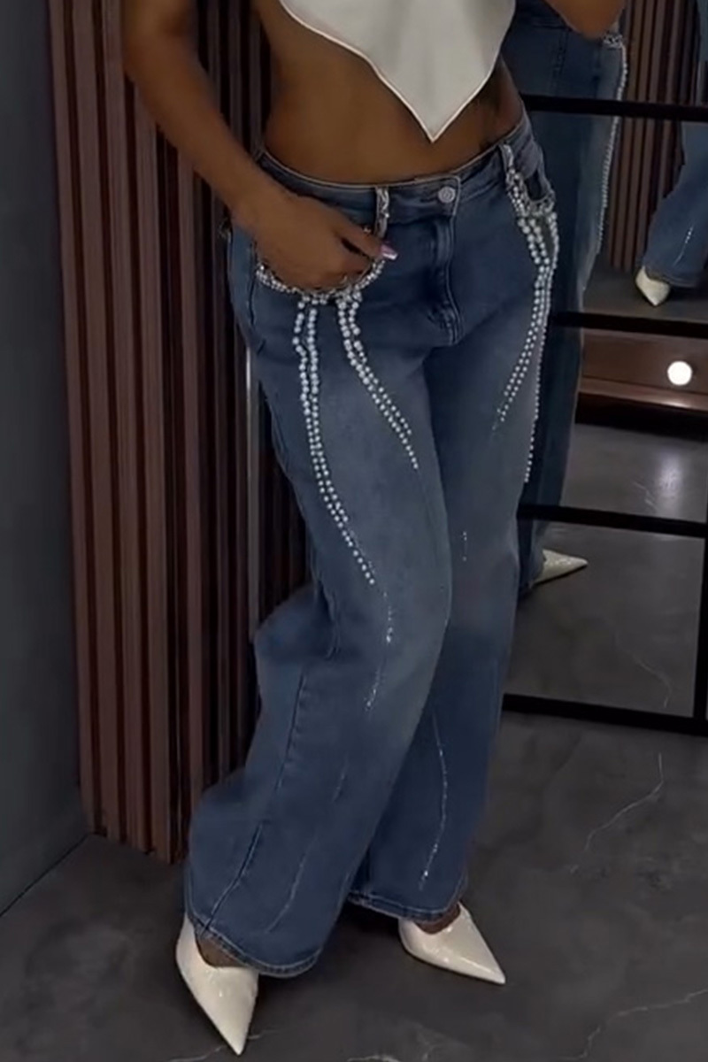 Women's Casual Beaded Wide Leg Jeans