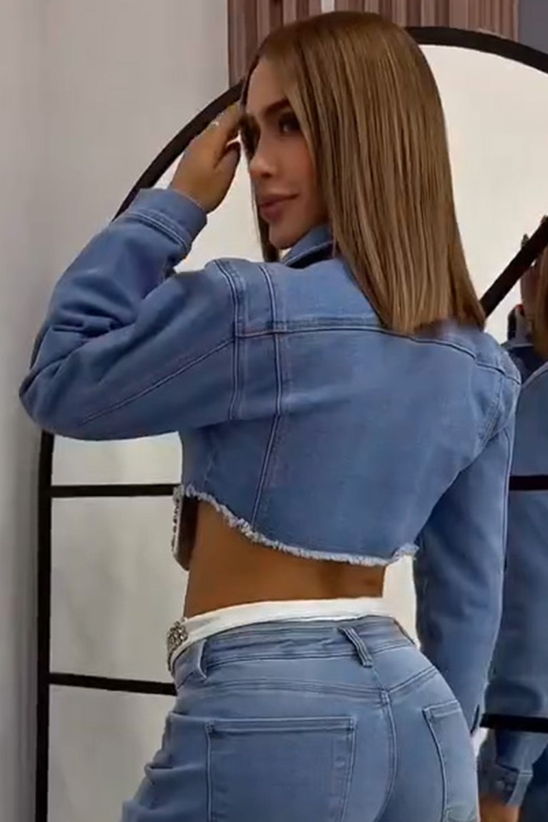 Women's Casual Collage Rhinestone Jacket + Wide Leg Jeans