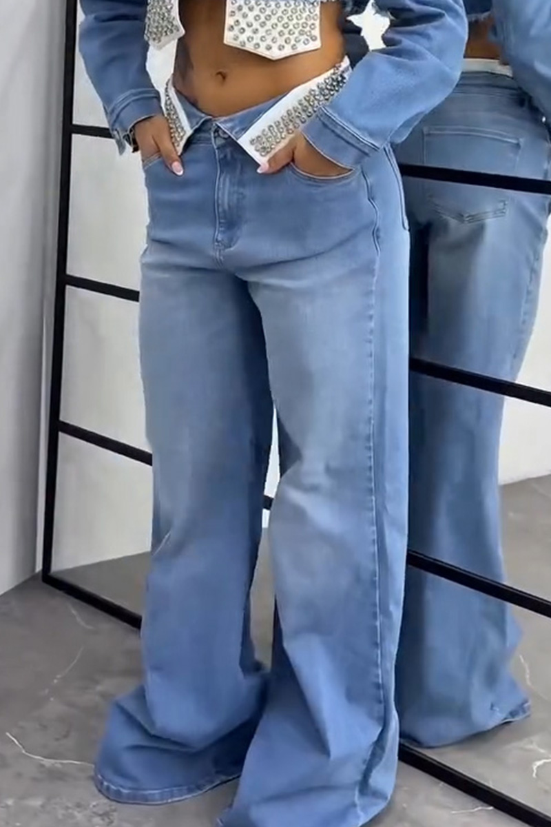Women's Casual Collage Rhinestone Jacket + Wide Leg Jeans