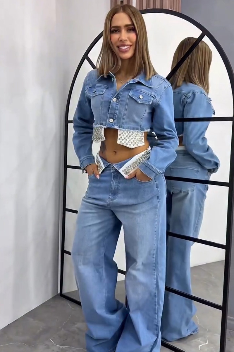 Women's Casual Collage Rhinestone Jacket + Wide Leg Jeans