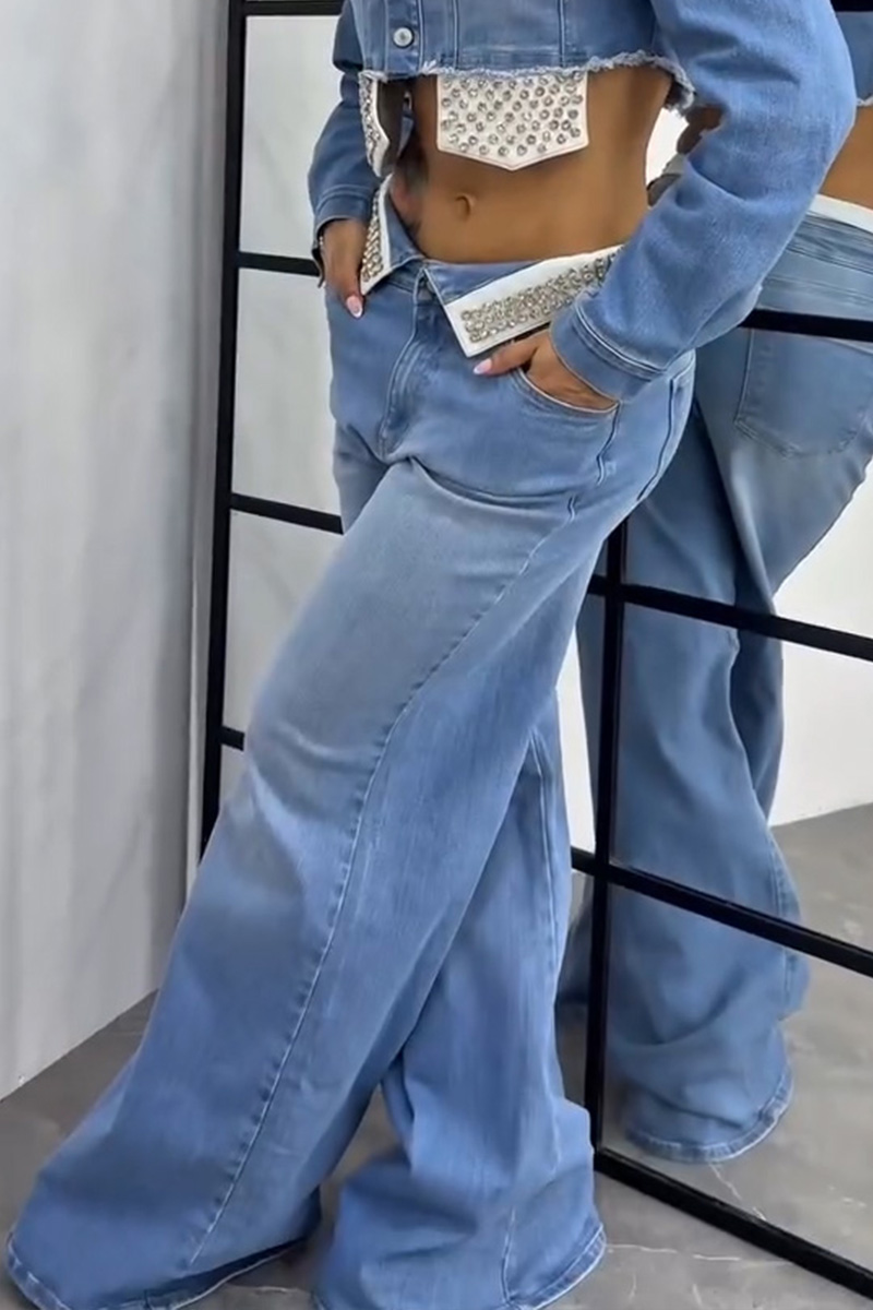 Women's Casual Collage Rhinestone Jacket + Wide Leg Jeans