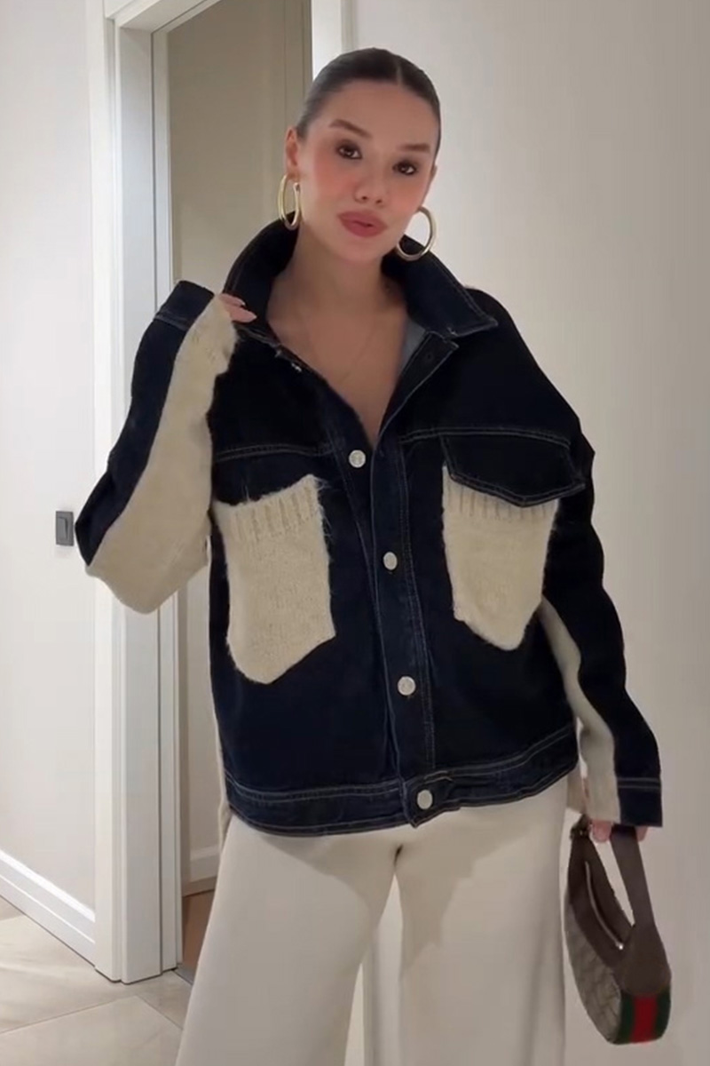 Women's Casual Knit Panel Denim Jacket
