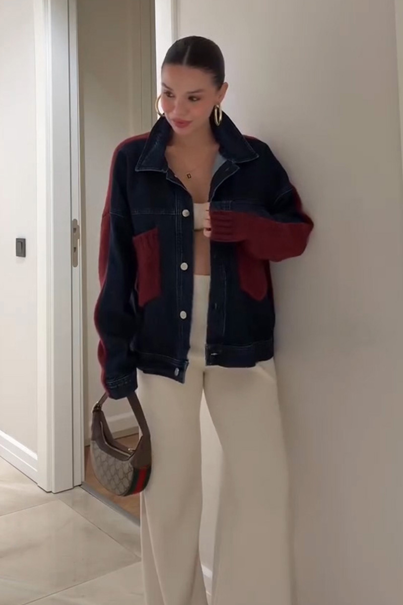 Women's Casual Knit Panel Denim Jacket