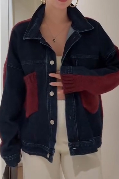 Women's Casual Knit Panel Denim Jacket