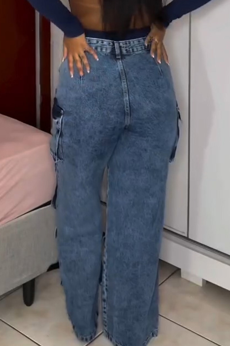 Women's Casual Cargo Pocket Wide Leg Jeans