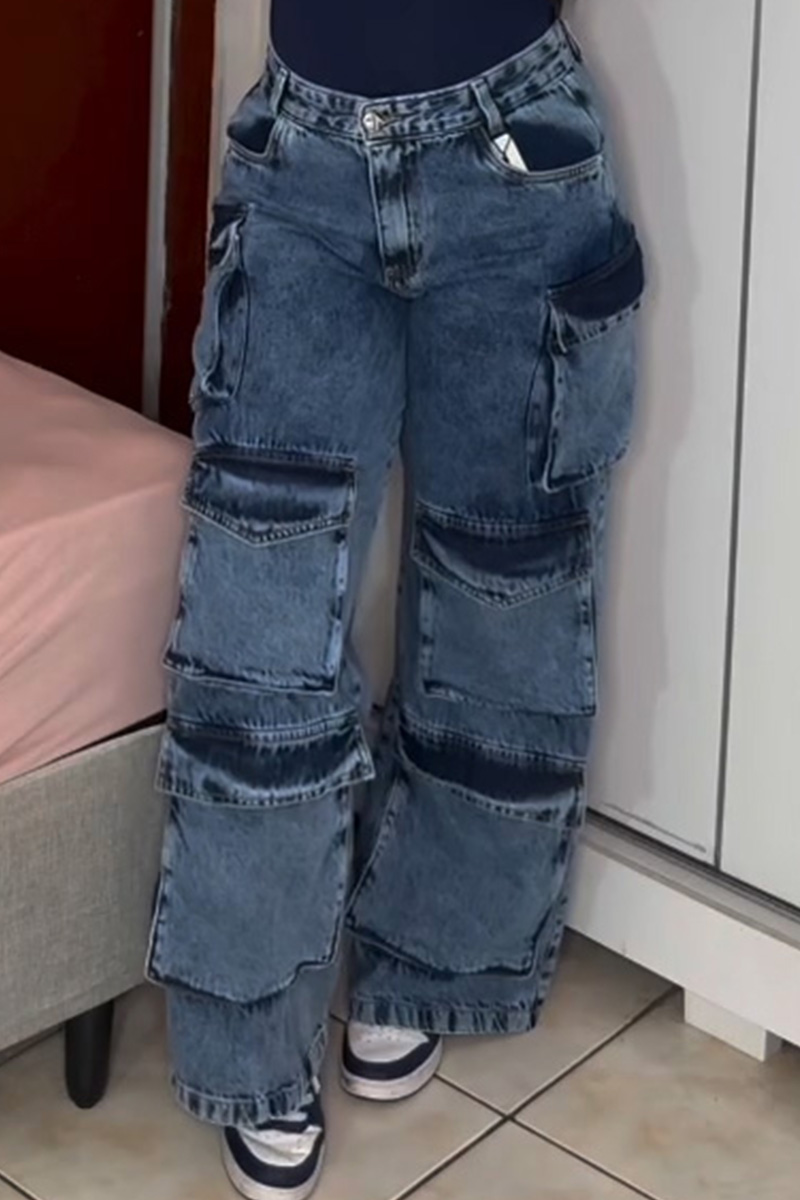 Women's Casual Cargo Pocket Wide Leg Jeans