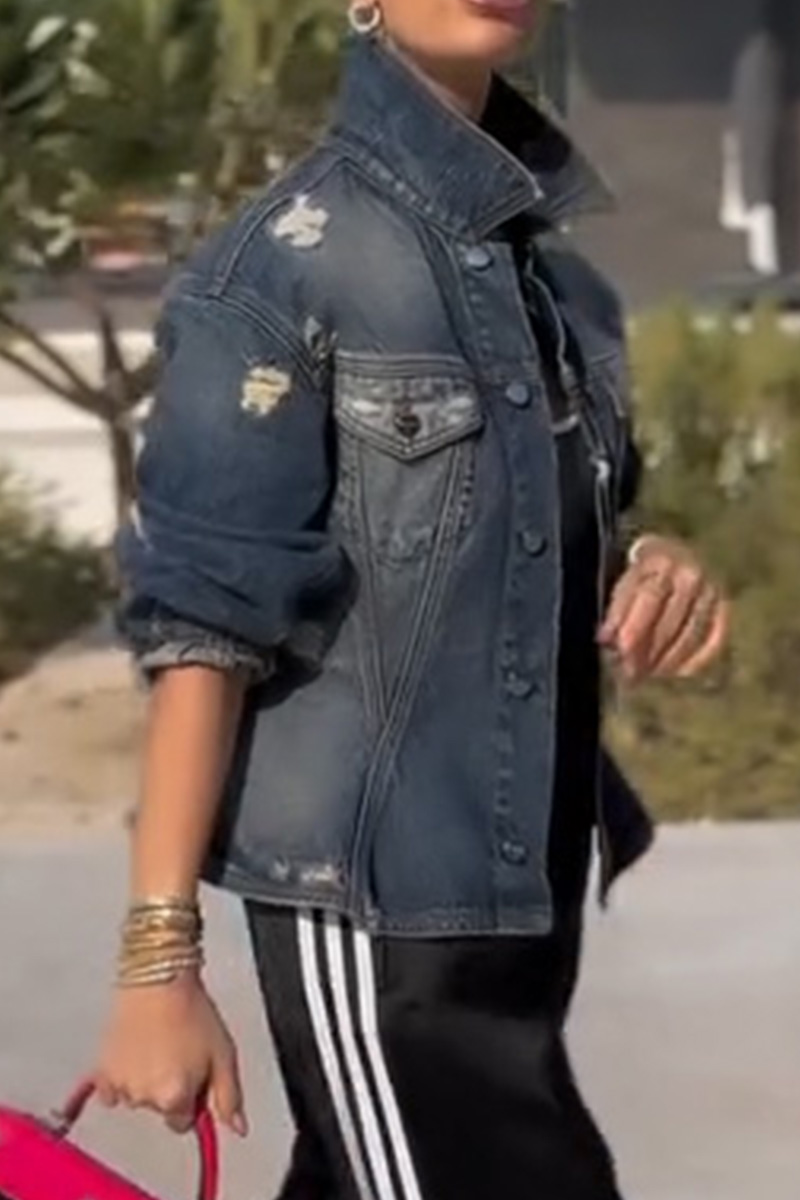 Women's Fitted Waist-Cinching Ripped Washed Denim Jacket