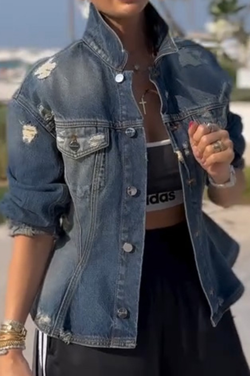 Women's Fitted Waist-Cinching Ripped Washed Denim Jacket