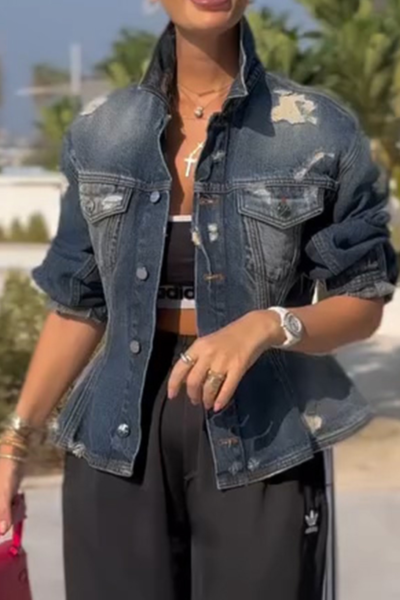 Women's Fitted Waist-Cinching Ripped Washed Denim Jacket