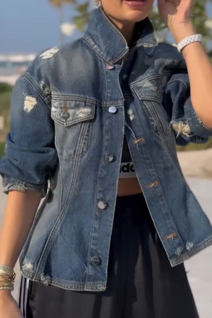 Women's Fitted Waist-Cinching Ripped Washed Denim Jacket