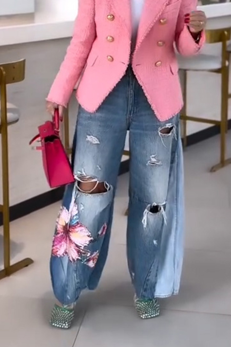 Women's Vintage Floral Print Ripped Washed Jeans