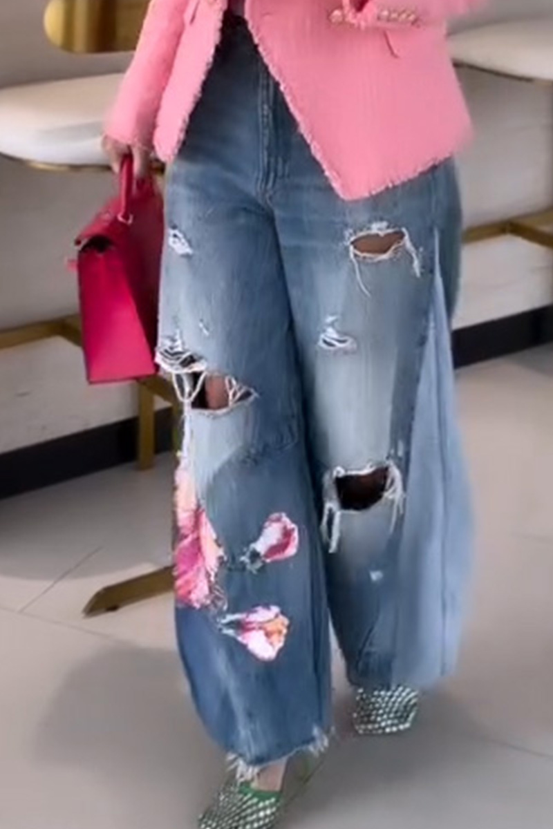 Women's Vintage Floral Print Ripped Washed Jeans