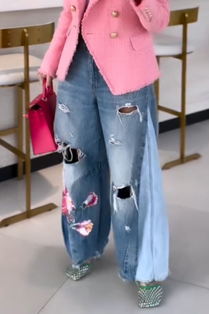 Women's Vintage Floral Print Ripped Washed Jeans