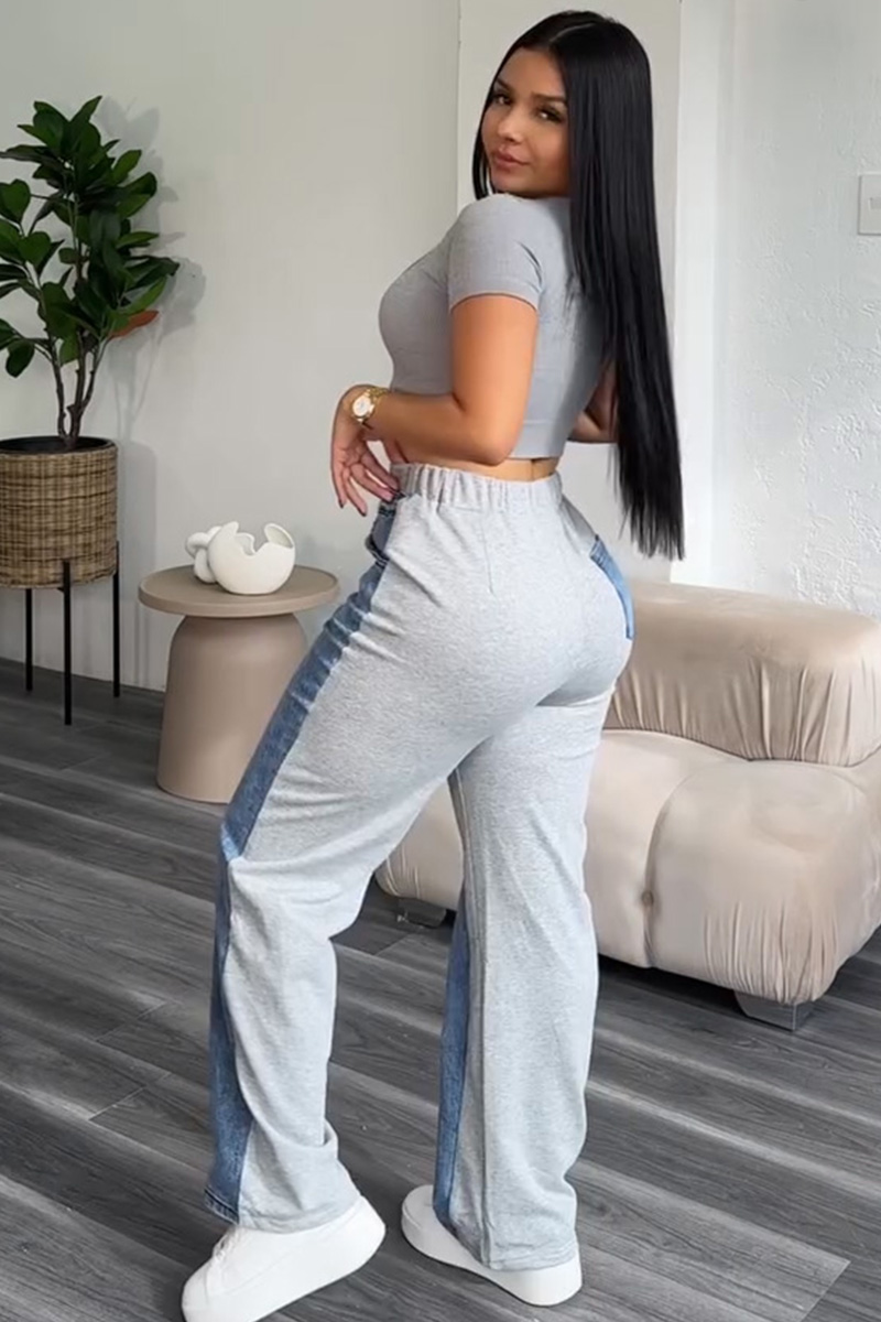 Women's Denim Panel Elastic Waist Drawstring Sweatpants