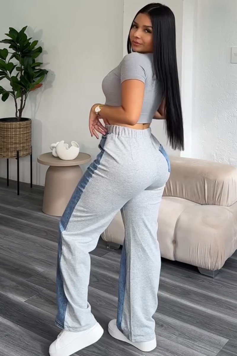 Women's Denim Panel Elastic Waist Drawstring Sweatpants