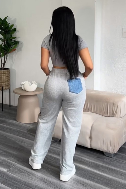 Women's Denim Panel Elastic Waist Drawstring Sweatpants