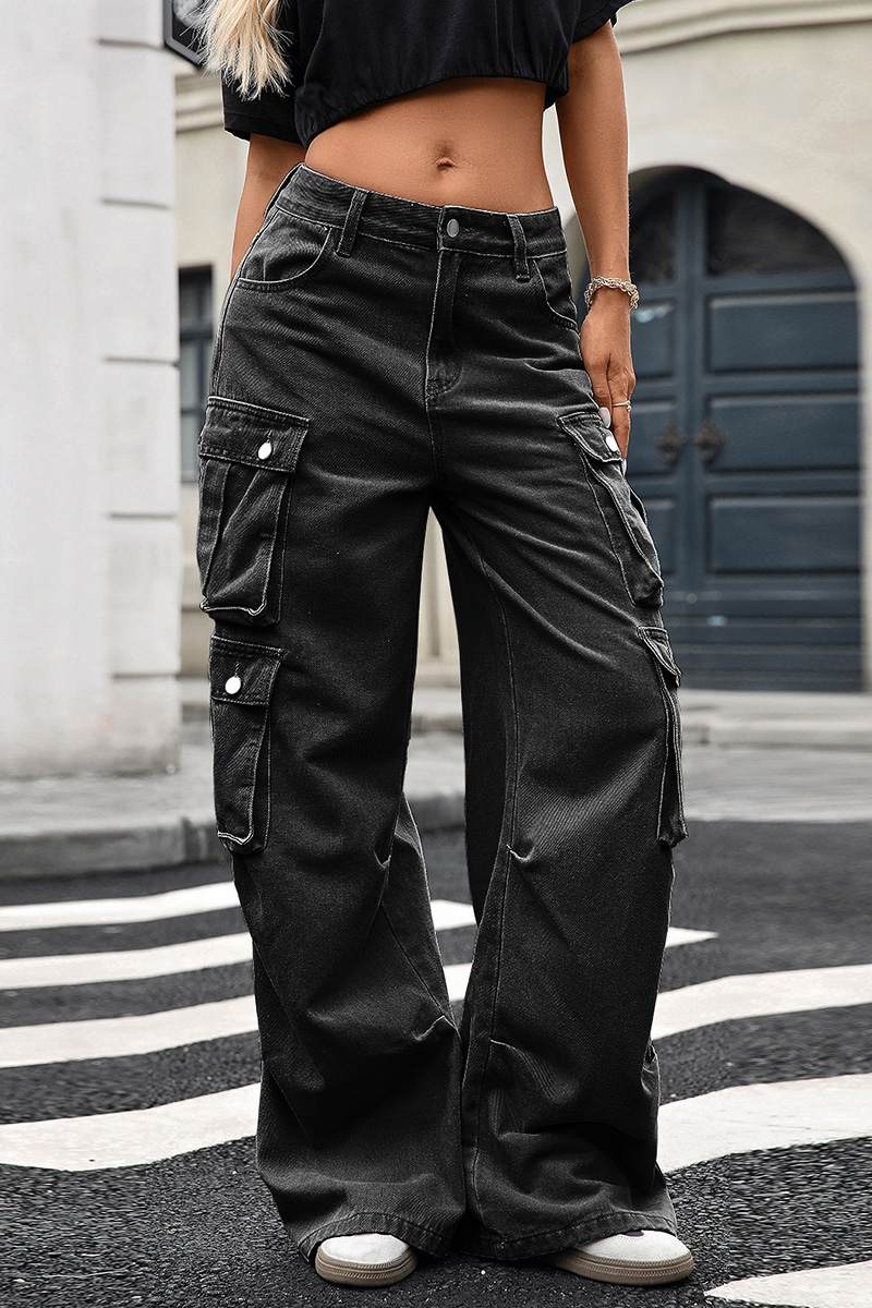 Women's High Rise Cargo Wide Leg Jeans