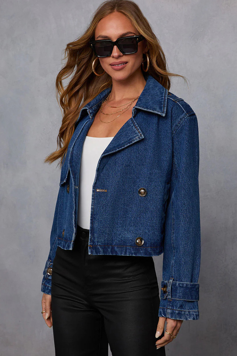 Women's Washed Denim Lapel Neck Cropped Jacket