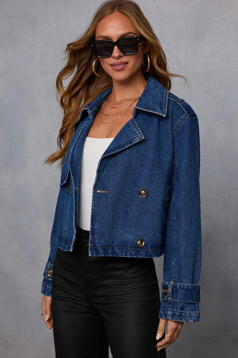 Women's Washed Denim Lapel Neck Cropped Jacket
