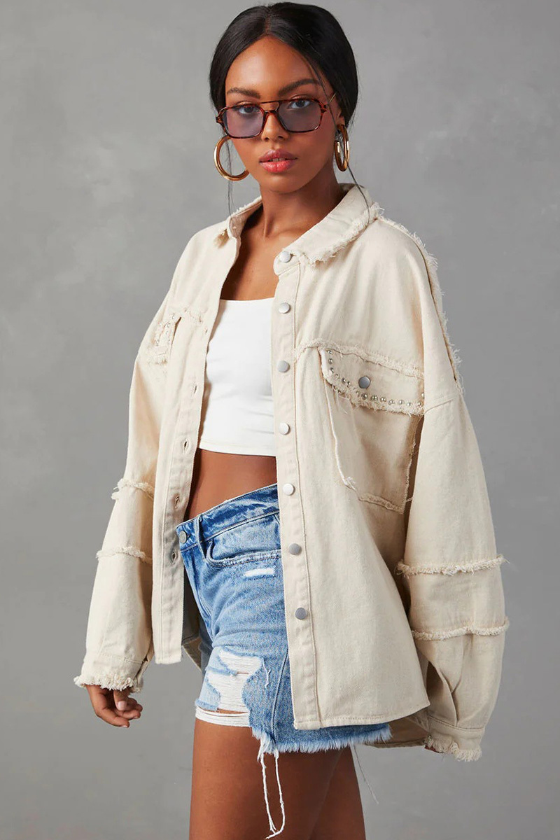 Women's Studded Lapel Distressed Denim Jacket