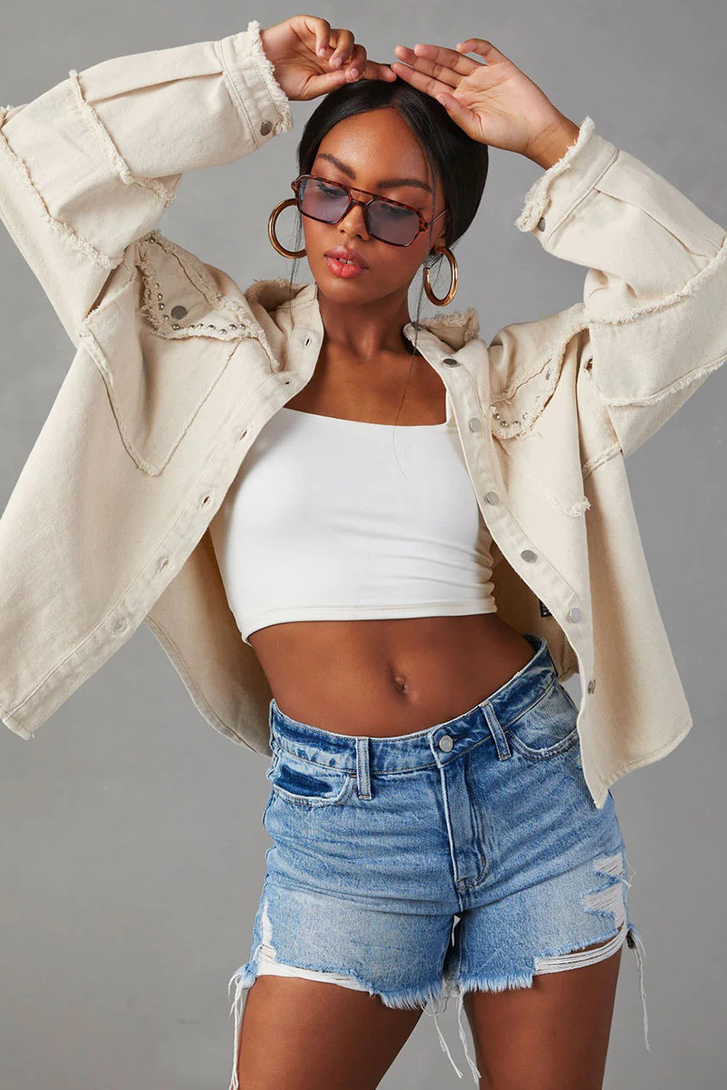 Women's Studded Lapel Distressed Denim Jacket
