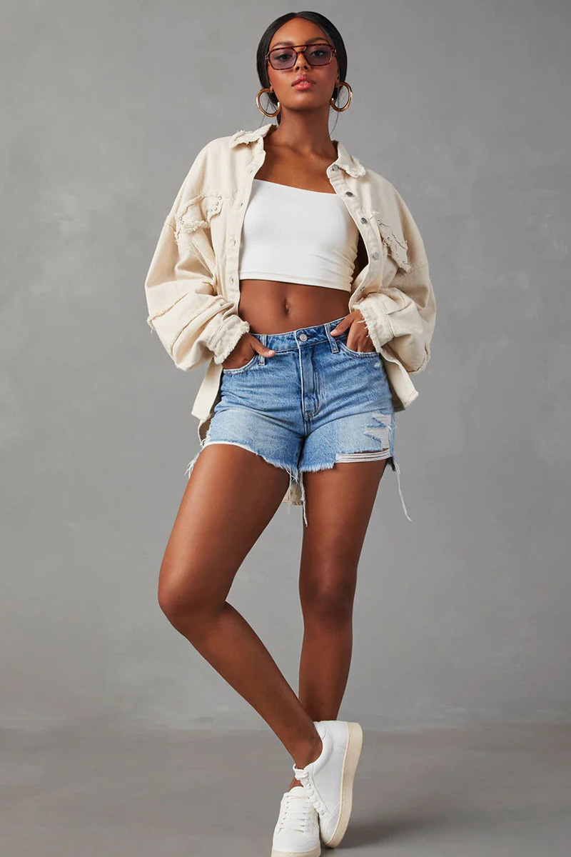 Women's Studded Lapel Distressed Denim Jacket