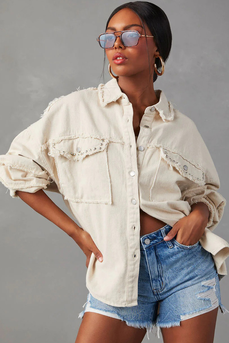 Women's Studded Lapel Distressed Denim Jacket