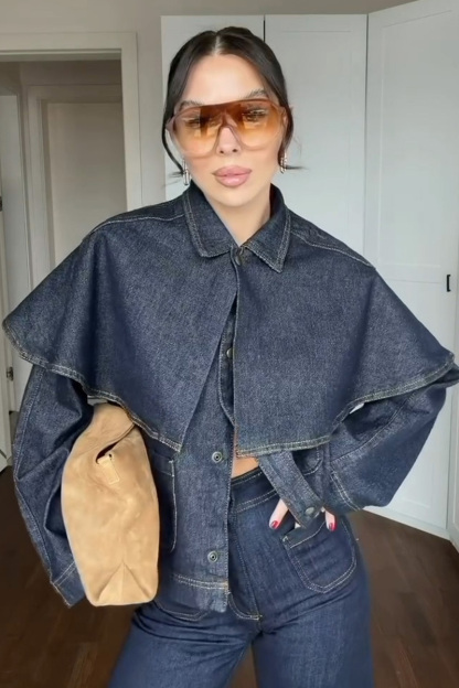 Women's Elegant Draped Design Denim Jacket