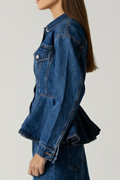 Women's Elegant Ruffle Hem Waist Cinching Denim Jacket