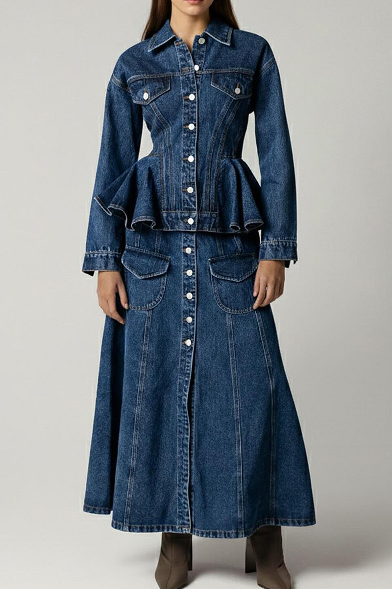 Women's Elegant Ruffle Hem Waist Cinching Denim Jacket