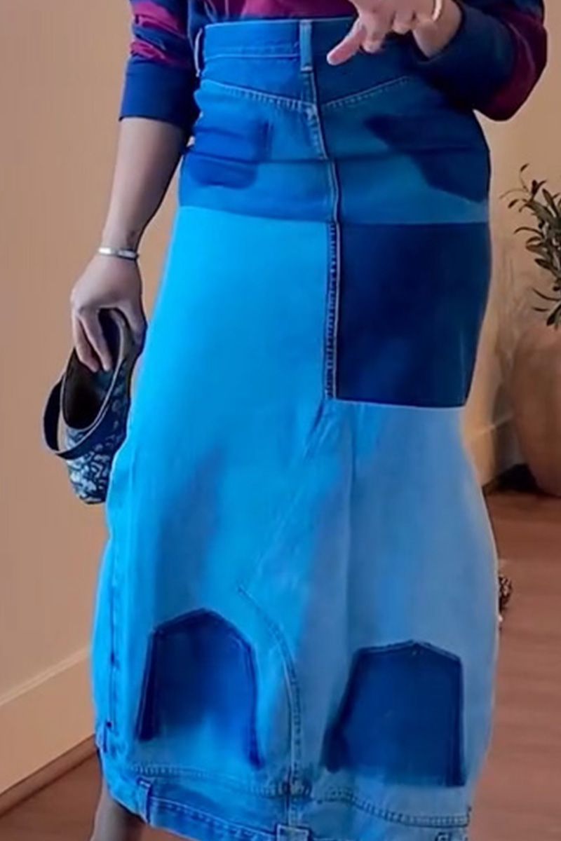 Women's Elegant Color Block Waistband Design Denim Skirt
