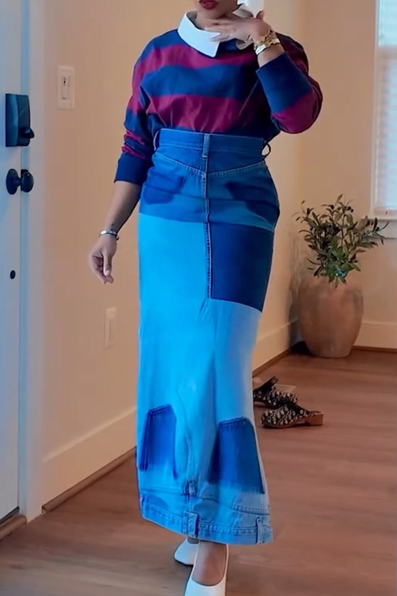 Women's Elegant Color Block Waistband Design Denim Skirt