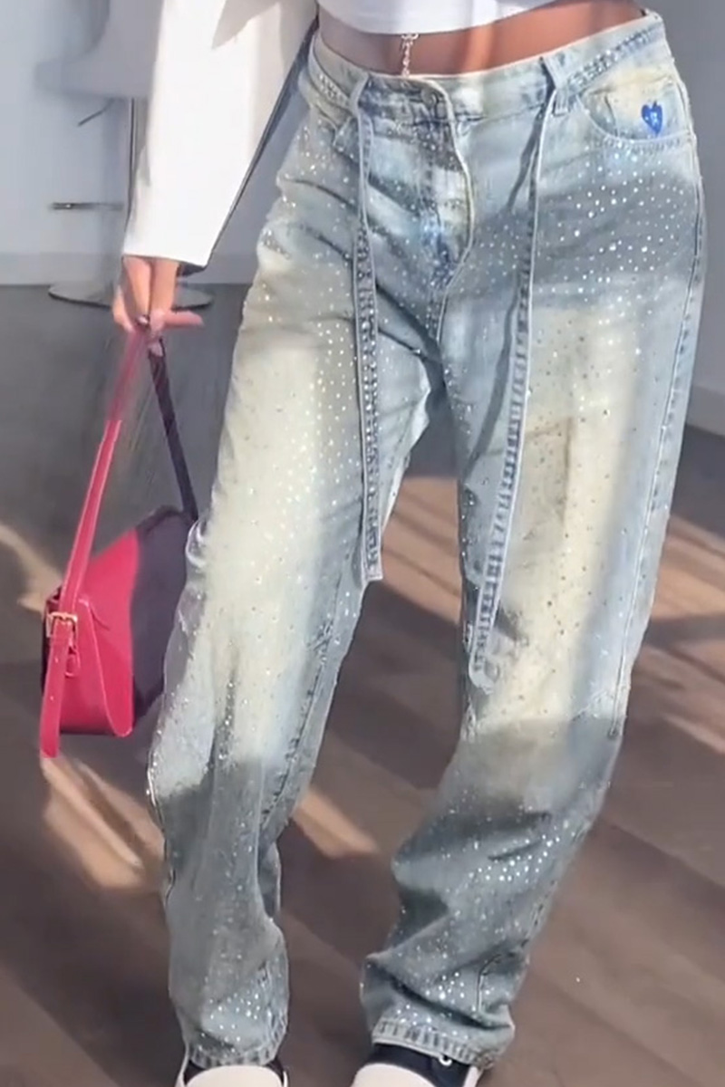 Women's Fashion Rhinestone Wide Leg Jeans
