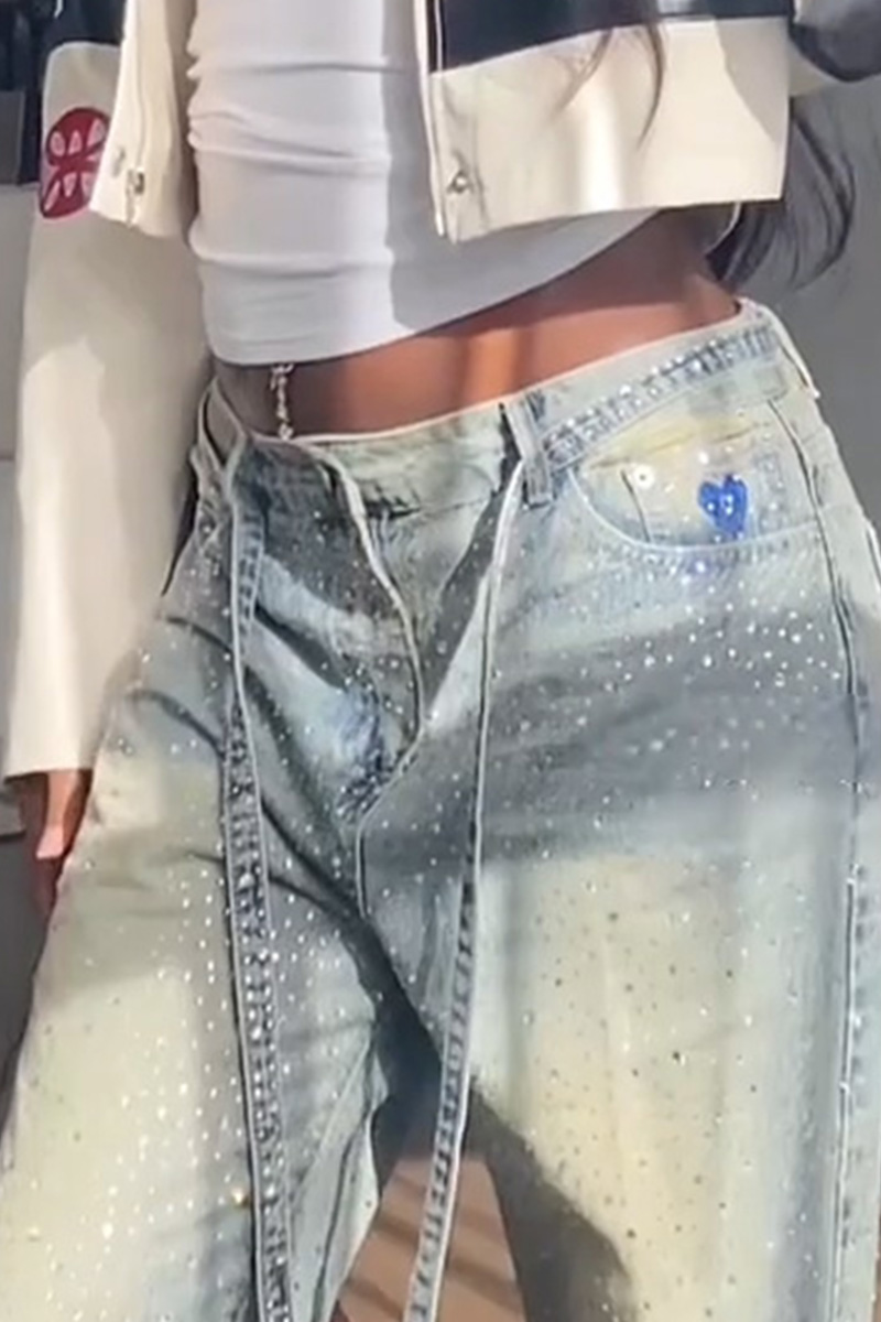 Women's Fashion Rhinestone Wide Leg Jeans