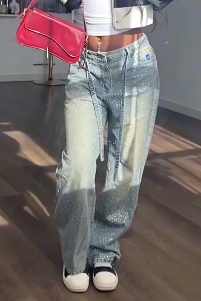 Women's Fashion Rhinestone Wide Leg Jeans