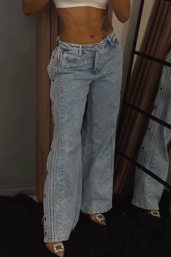 Women's Fashion Rhinestone Side Button Placket Slit Jeans