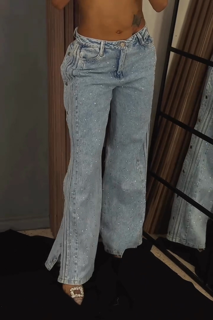 Women's Fashion Rhinestone Side Button Placket Slit Jeans