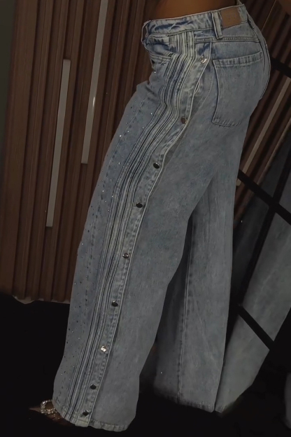 Women's Fashion Rhinestone Side Button Placket Slit Jeans