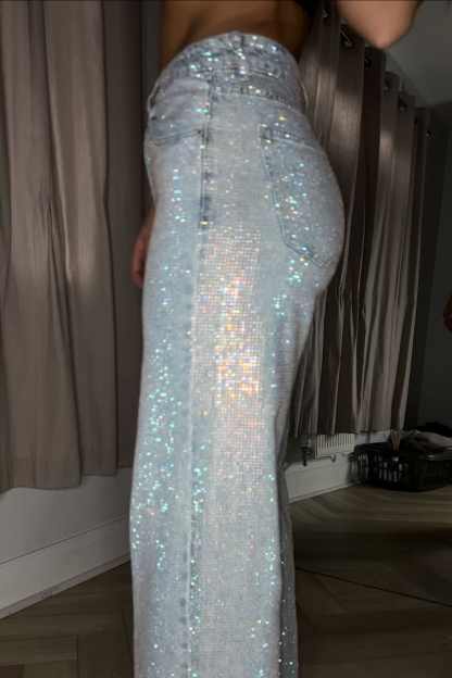 Women's Fashion Sparkling Rhinestone Washed Wide Leg Jeans